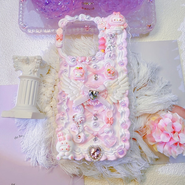 Handmade cream glue phone case, pink, wings design