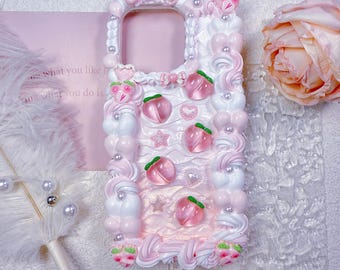 Handmade Decoden Phone Case: peach, pink design