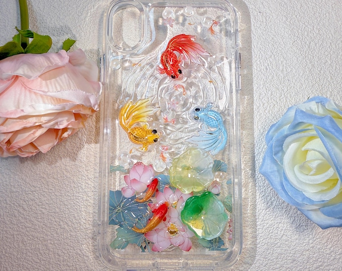 Handmade Decoden Phone Case: koi , lotus leaf