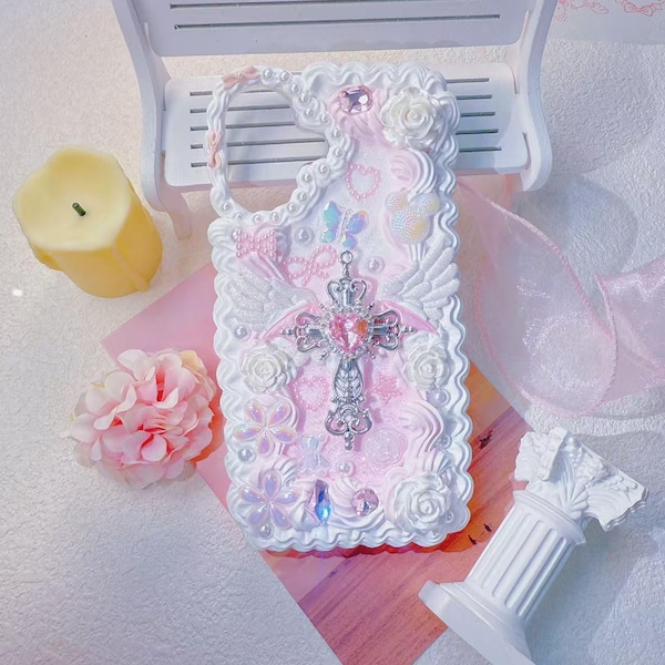 Handmade cream glue phone case, pink, cross design