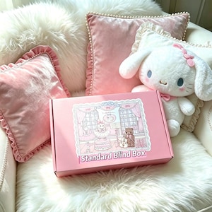 May include: A rectangular pink cardboard box labelled Standard Blind Box with a graphic illustration of a rabbit in a tutu and a teddy bear playing a violin. The box is positioned next to a white plush rabbit toy with a pink bow on its ear.