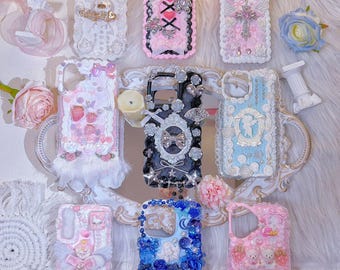 Handmade Cream Glue Phone Case, Baroque Lace, Soft Goth