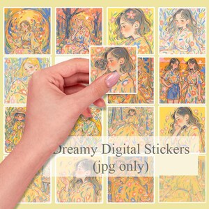 Puede incluir: Un conjunto de pegatinas digitales con ilustraciones de mujeres con vestidos florales y entornos. Las pegatinas tienen una estética de ensueño con colores suaves y un toque vintage. El texto "Dreamy Digital Stickers (jpg only)" es visible.