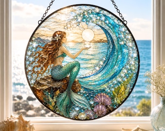 Mermaid Stained Glass Suncatcher, Ocean Window Hanging, Coastal Beach Decor, Mermaid Lover Gift, Nautical Art