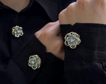 Floral Crystal Button Covers for Shirts , Luxury Cuff Button , Button Cover Cufflinks , Chic Luxury Cuff Accents for Women’s Outfits