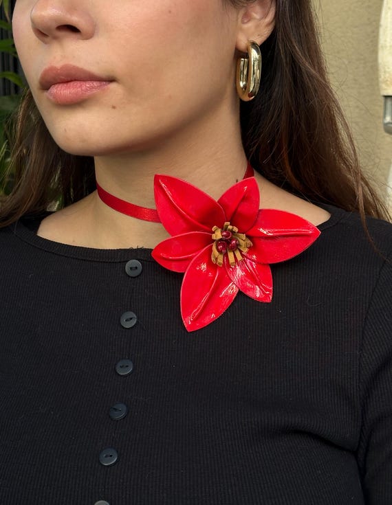Romantic Red Rose Choker Necklace Handmade Floral Necklace for