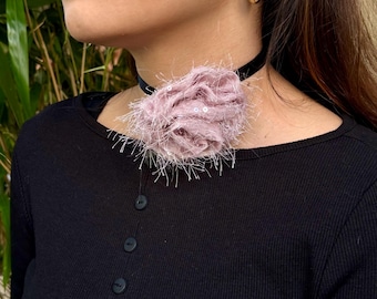 Handmade Textured Floral Choker – Unique Fiber Art Necklace for Trendy & Boho Chic Looks - Designer Handmade Choker - Rose Choker Necklace