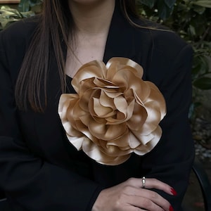 Oversized Gold Flower Brooch - Extra Large Satin Rose Brooch - Handmade Satin Statement Pin for Blazers, Elegant Oversized Floral Accessory