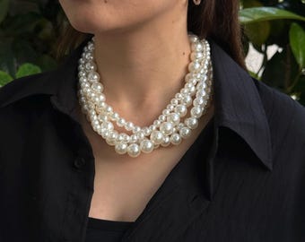 Pearl Choker Necklace, Elegant Pearl Choker , Multi Layered Beaded Pearl Collar , Handmade Chunky Necklace for Weddings & Special Occasions