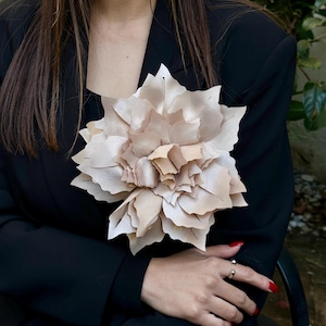 Oversized Beige Flower Brooch -  Large Satin Rose Brooch -Statement Fabric Pin for Coats, Dresses & Blazers - Handmade Floral Gift for Her