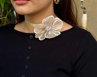 Handmade Satin Rose Flower Choker Necklace – Rhistone Flower Choker Necklace-Romantic Boho Jewelry for Women- Bridesmaid Gift