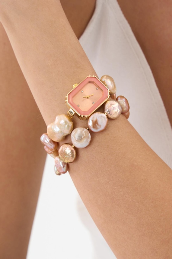 Pearl Watch and Bracelet - Luxury Baroque Pearl Necklace Set – Elegant Pearl & Gemstone Watch - Women’s Dress Watch