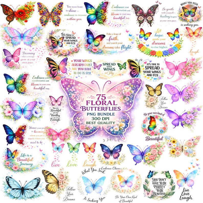 Puede incluir: Un paquete de arte digital con 75 mariposas florales en varios colores y dise&ntilde;os. La imagen incluye mariposas con acentos florales, citas inspiradoras y el texto "75 Floral Butterflies PNG Bundle 300 DPI Best Quality."