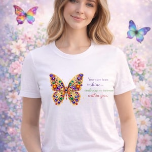 Puede incluir: Camiseta blanca con un dise&ntilde;o de mariposa colorido con detalles de joyas. La mariposa presenta tonos dorados, morados, naranjas y verdes. La camiseta tambi&eacute;n tiene el texto: "You were born to shine - embrace the treasure within you."