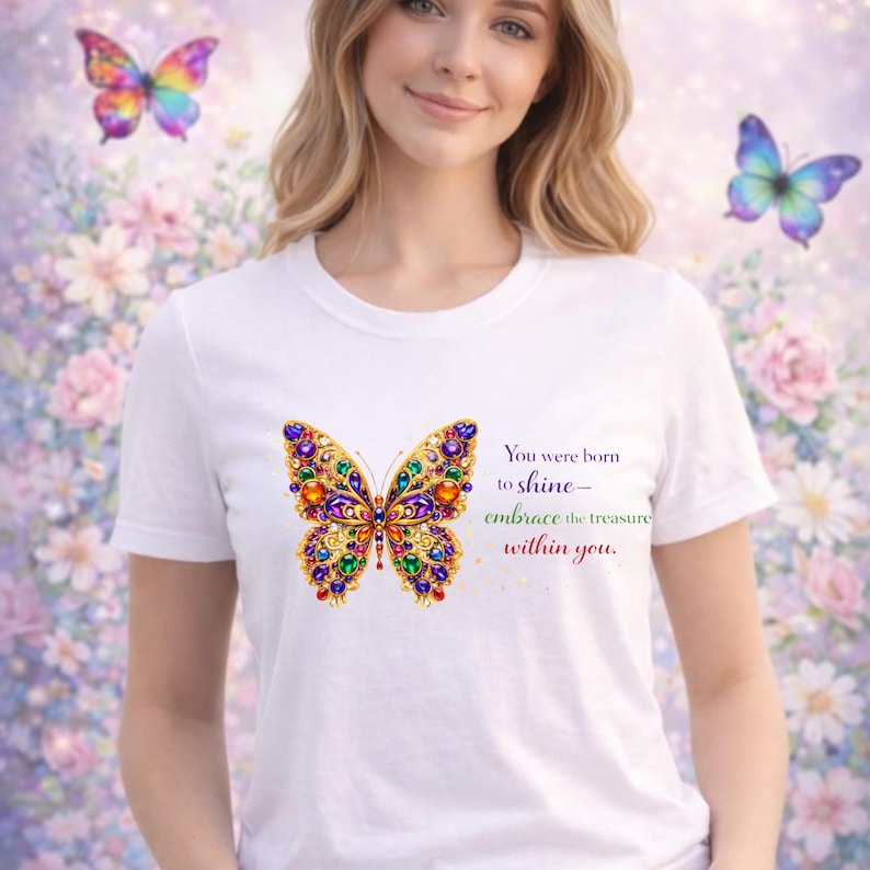 Puede incluir: Camiseta blanca con un dise&ntilde;o de mariposa colorido con detalles de joyas. La mariposa presenta tonos dorados, morados, naranjas y verdes. La camiseta tambi&eacute;n tiene el texto: "You were born to shine - embrace the treasure within you."