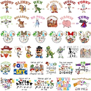 May include: A collection of digital graphic designs featuring Toy Story characters including Woody, Buzz Lightyear, Rex, and Jessie. The images include various text phrases like You've Got a Friend in Me, Reach for the Sky, and To Infinity and Beyond.