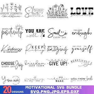 Pacchetto SVG motivazionali: affermazioni positive "Diffondi gentilezza", "Sei abbastanza, non mollare mai" e "Ne vali la pena" e citazioni floreali.
