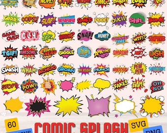 Op de afbeelding: Een verzameling van 60 strip splash ontwerpen in verschillende kleuren en vormen, met woorden als "BOOM!", "OMG!" en "POW!". De tekst "COMIC SPLASH" wordt in het rood weergegeven, met de labels "SVG" en "PNG".