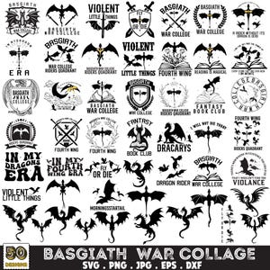 Puede incluir: Una colección de 50 diseños en blanco y negro con temática de dragones, que incluyen logotipos, escudos e ilustraciones. Los diseños presentan dragones, espadas y texto como "Basgiath War College" y "Fourth Wing."