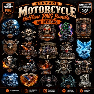 Peut inclure: Une collection numérique de 50 designs graphiques sur le thème de la moto vintage, incluant des crânes, des aigles, des motards et la marque Harley-Davidson. Les illustrations présentent des motos, des squelettes et des animaux en style tramé.