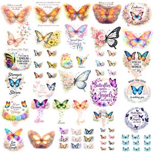 Puede incluir: Una colecci&oacute;n de dise&ntilde;os de mariposas coloridas con citas inspiradoras. Las mariposas presentan varios colores y patrones, algunos con detalles florales. El texto incluye frases como "Spread Your Wings and Fly" y "Butterflies appear when Angels are near."