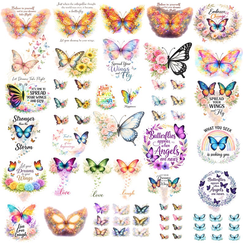 Puede incluir: Una colecci&oacute;n de dise&ntilde;os de mariposas coloridas con citas inspiradoras. Las mariposas presentan varios colores y patrones, algunos con detalles florales. El texto incluye frases como "Spread Your Wings and Fly" y "Butterflies appear when Angels are near."