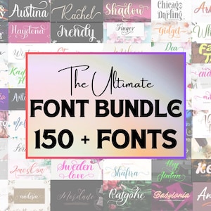 Könnte beinhalten: Eine Collage aus bunten Schriftnamen, mit einem pinkfarbenen und violetten Rechteck, das den Mittelpunkt des Bildes überlagert. Das Rechteck enthält den Text "The Ultimate FONT BUNDLE 150+ FONTS".