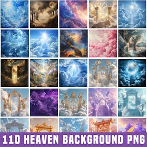 May include: A collection of 20 digital art images featuring heavenly scenes with clouds, stairways, and architectural elements. The images showcase a variety of colors, including blues, pinks, and golds. Text at the bottom reads "110 HEAVEN BACKGROUND PNG."