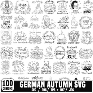 May include: A collection of 100 black and white digital illustrations featuring autumn themes, including pumpkins, woodland animals, cosy beverages, and German text such as Herbstzeit, Kürbis Zeit, and Hallo Herbst, arranged in a grid layout.