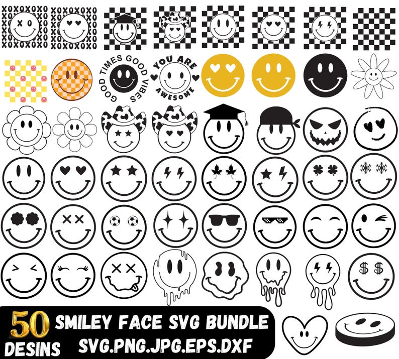 May include: A collection of 50 smiley face designs in various styles, including classic, patterned, and themed variations. The designs are in black, white, and yellow, with some featuring hearts, stars, and sunglasses. The text "50 SMILEY FACE SVG BUNDLE" is included.