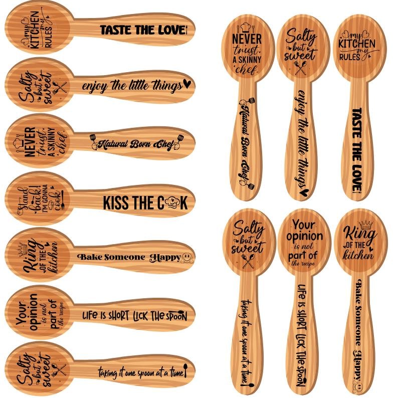 Puede incluir: Conjunto de 12 cucharas de madera con diversos refranes relacionados con la cocina. Las cucharas son marrones y tienen texto negro. Algunos de los refranes incluyen "Prueba el amor", "Salado pero dulce", "Nunca conf&iacute;es en un chef delgado", "Besa al cocinero", "Rey de la cocina" y "La vida es corta, lame la cuchara".