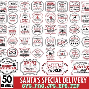 May include: A collection of 50 Christmas-themed designs in red and black, featuring various holiday phrases and illustrations. Designs include "Hot Cocoa," "Santa's Workshop," and "Merry Christmas." The text "Santa's Special Delivery" is also present.