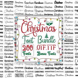 Puede incluir: Gráfico de un paquete de fuentes navideñas con las palabras "Christmas Font Bundle" en rojo y verde, rodeado de una guirnalda de luces. El paquete incluye 200 fuentes y fuentes adicionales en formatos OTF y TTF.