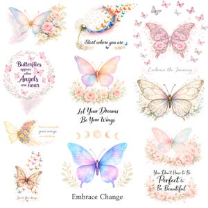 Puede incluir: Una colecci&oacute;n de ilustraciones de mariposas en acuarela en suaves colores pastel. Cada dise&ntilde;o presenta una mariposa con detalles florales y citas inspiradoras como "Embrace Change" y "Let Your Dreams Be Your Wings."
