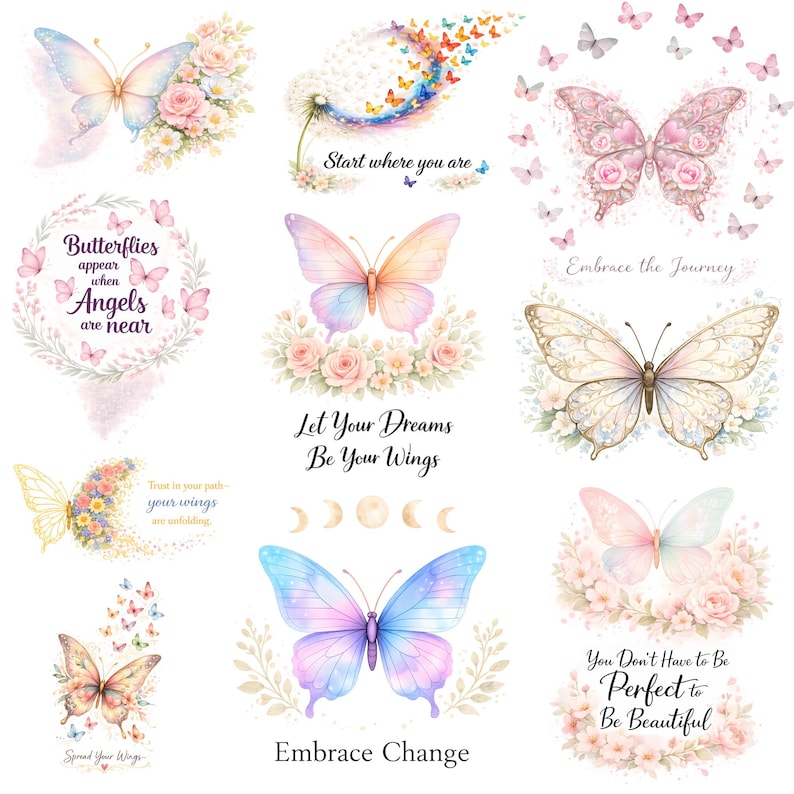 Puede incluir: Una colecci&oacute;n de ilustraciones de mariposas en acuarela en suaves colores pastel. Cada dise&ntilde;o presenta una mariposa con detalles florales y citas inspiradoras como "Embrace Change" y "Let Your Dreams Be Your Wings."