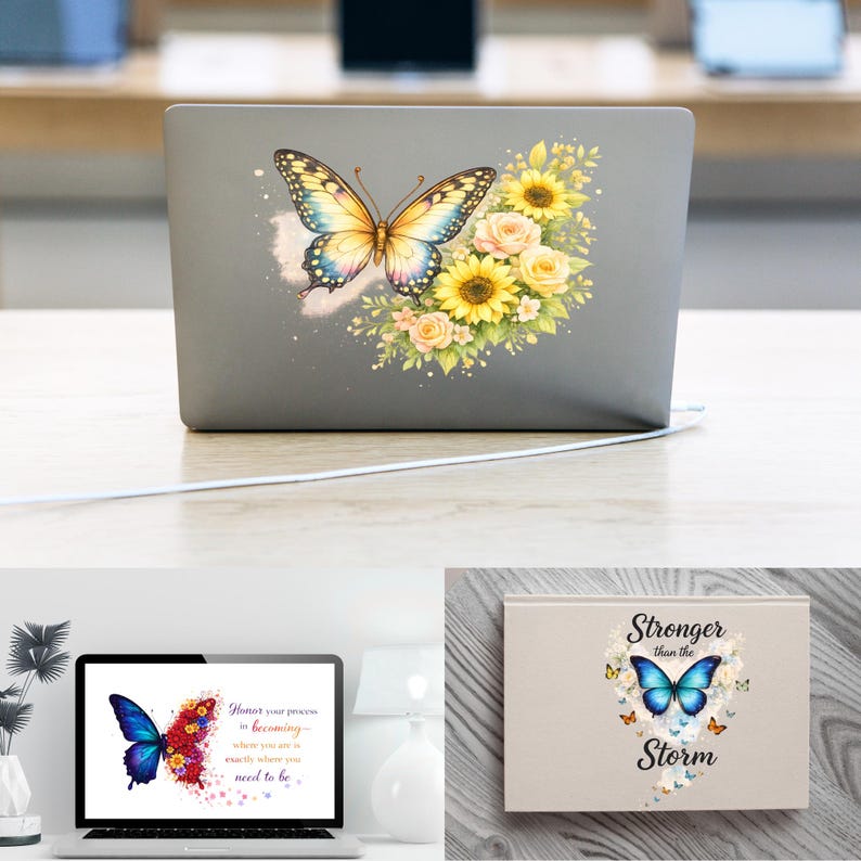 Puede incluir: Un port&aacute;til gris con una pegatina colorida de mariposa y flores. La mariposa tiene alas amarillas, azules y naranjas. Las flores incluyen girasoles amarillos y rosas melocot&oacute;n. Texto: "Honra tu proceso..."
