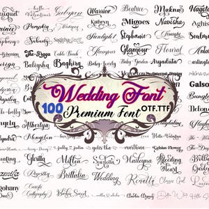Può includere: Una collezione di 100 font premium per matrimoni in vari stili eleganti. L'immagine presenta una cornice decorativa con le parole "Wedding Font" in una scrittura stilizzata e il testo "100 Premium Font OTF.TTF".