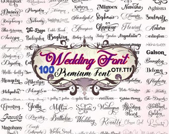 May include: A collection of 100 premium wedding fonts in various elegant styles. The image features a decorative frame with the words "Wedding Font" in a stylized script, and the text "100 Premium Font OTF.TTF".