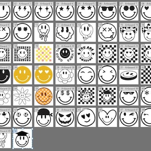 May include: A collection of 50 unique smiley face designs in black and white, and yellow. The designs include sunglasses, hearts, stars, and other fun variations. The images are arranged in a grid.