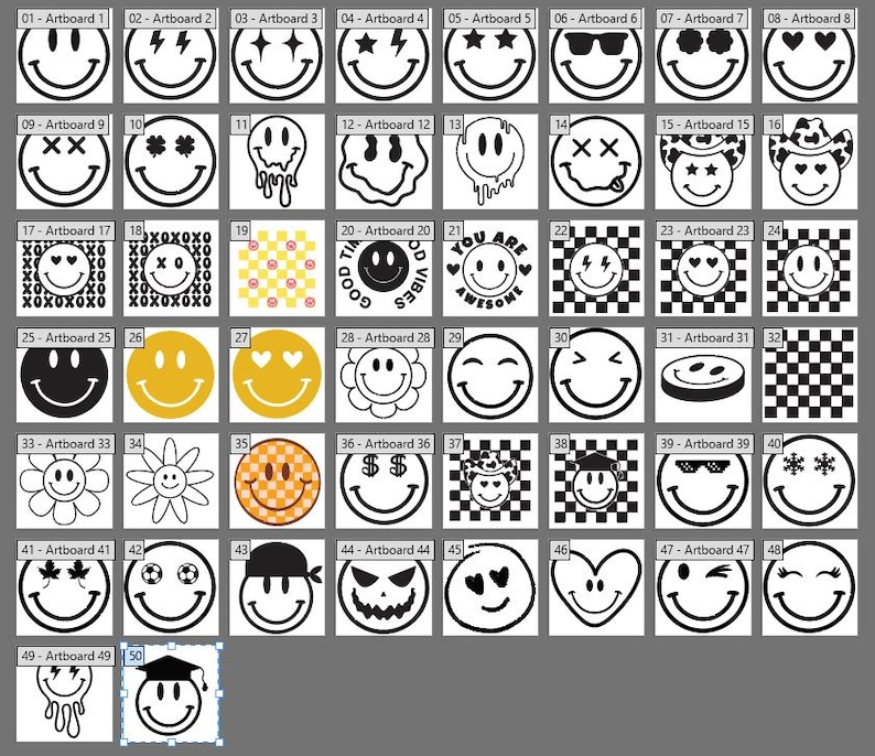 May include: A collection of 50 unique smiley face designs in black and white, and yellow. The designs include sunglasses, hearts, stars, and other fun variations. The images are arranged in a grid.
