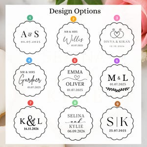 May include: A white background displays nine scalloped-edge design options for personalized items. Each design features names, initials, and dates in black text. The text "Design Options" is at the top. The designs are numbered and include various fonts and decorative elements.