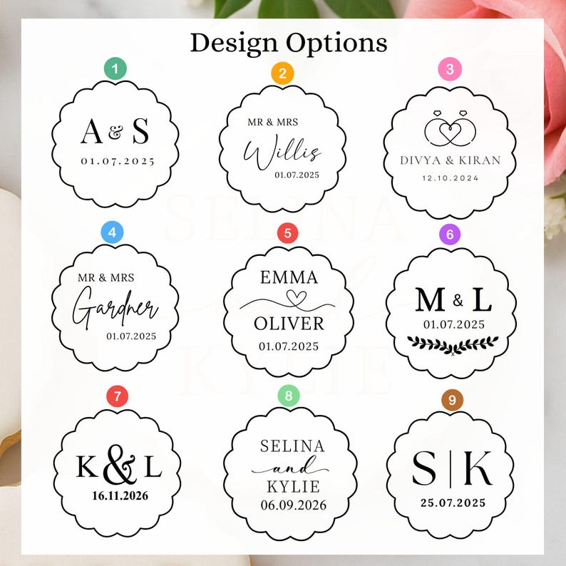 May include: A white background displays nine scalloped-edge design options for personalized items. Each design features names, initials, and dates in black text. The text "Design Options" is at the top. The designs are numbered and include various fonts and decorative elements.