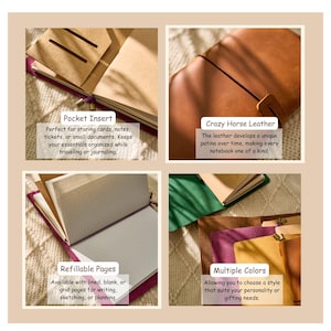 May include: A multi-panel image showcasing features of a leather journal. The journal has a pocket insert, refillable pages, and comes in multiple colors. The leather develops a unique patina over time. The journal is designed for writing, sketching, and planning.