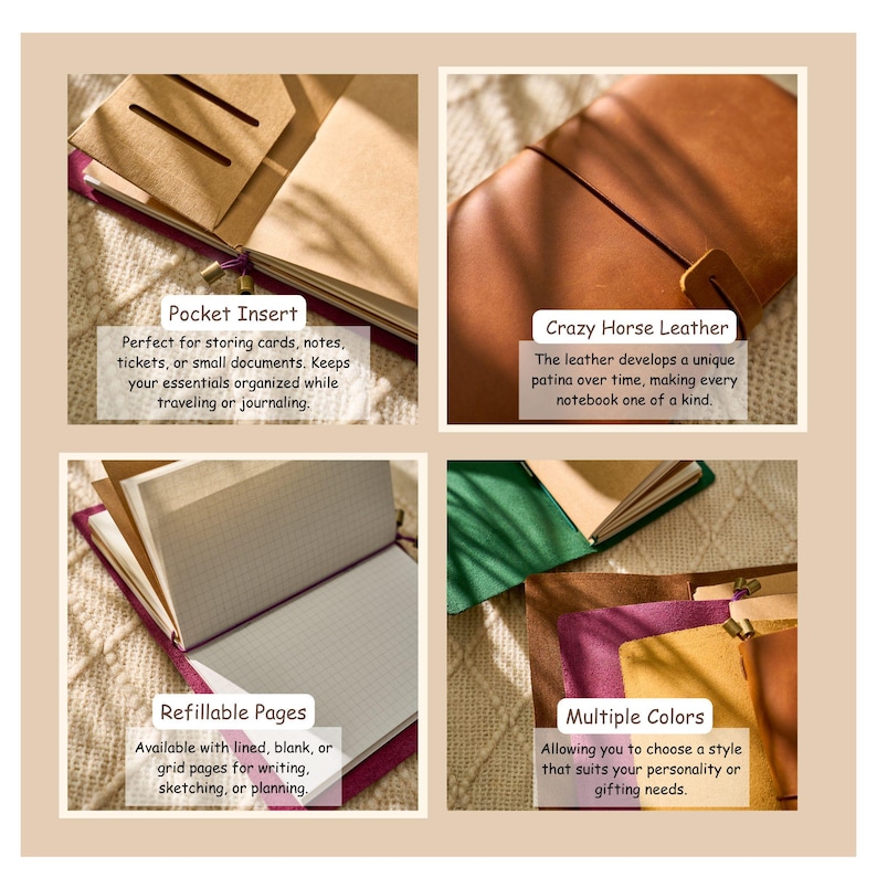 May include: A multi-panel image showcasing features of a leather journal. The journal has a pocket insert, refillable pages, and comes in multiple colors. The leather develops a unique patina over time. The journal is designed for writing, sketching, and planning.
