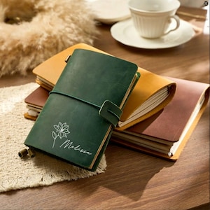 May include: A stack of leather journals in shades of green, tan, and brown. The top journal is dark green with a floral design and the name "Melissa" in script. The journals are closed with an elastic band.