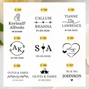 May include: A collection of wedding-themed designs featuring names, initials, and dates. The designs include illustrations of a couple, hearts, and decorative fonts. The dates are formatted as MM.DD.YYYY.