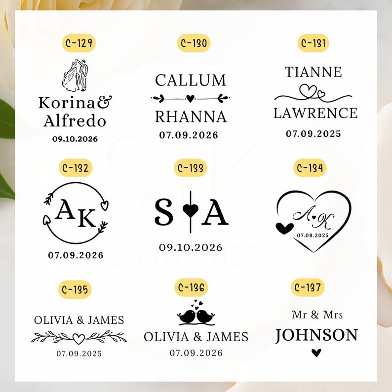May include: A collection of wedding-themed designs featuring names, initials, and dates. The designs include illustrations of a couple, hearts, and decorative fonts. The dates are formatted as MM.DD.YYYY.