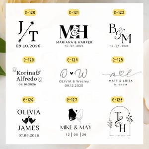 May include: A collection of wedding invitation designs featuring various initials, names, and dates. The designs include elegant typography, decorative elements like arrows, butterflies, and floral accents. Each design is labeled with a unique code.