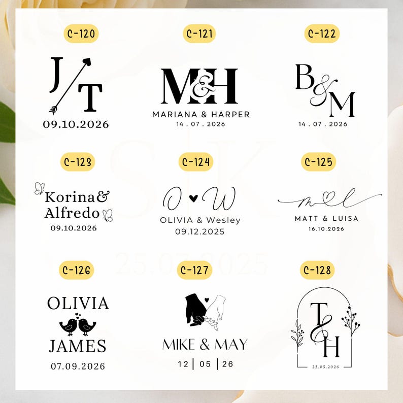 May include: A collection of wedding invitation designs featuring various initials, names, and dates. The designs include elegant typography, decorative elements like arrows, butterflies, and floral accents. Each design is labeled with a unique code.