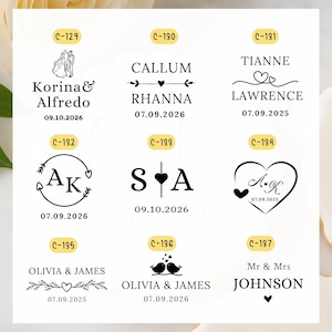 May include: A collection of wedding-themed designs featuring names, initials, and dates. The designs include illustrations of a couple, hearts, and decorative fonts. Each design is labeled with a unique code.